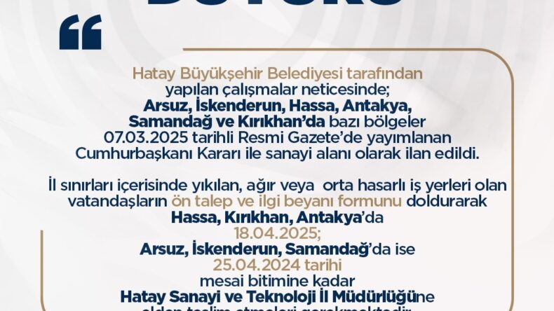 HATAY’DA 6 BÖLGE SANAYİ ALANI İLAN EDİLDİ