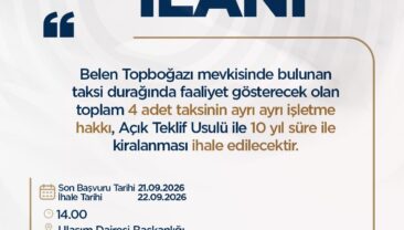 HBB’DEN REYHANLI VE BELEN’DE 13 TAKSİ İHALESİ