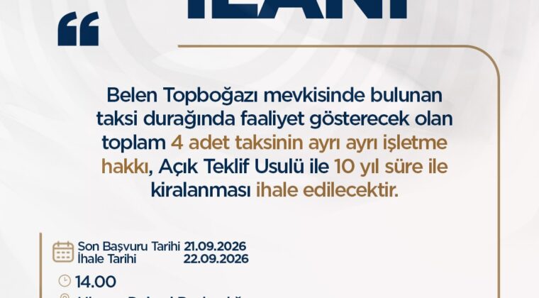 HBB’DEN REYHANLI VE BELEN’DE 13 TAKSİ İHALESİ